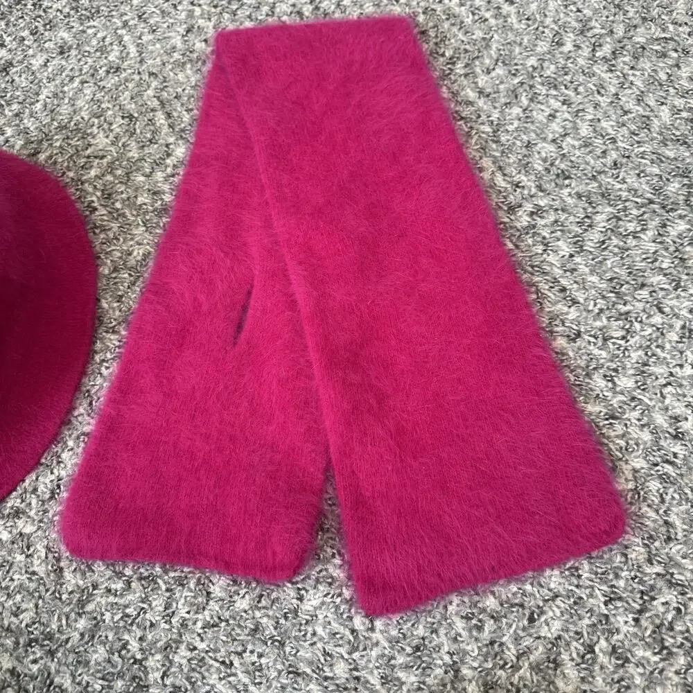 VTG Bucket Hat + Scarf Angora Rabbit Hair Hot Pink New